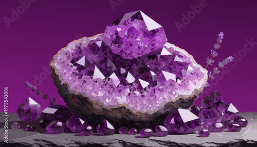 A vibrant purple amethyst geode with crystals and gemstones on a gray surface