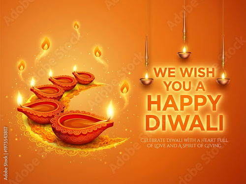 Happy Diwali Greeting Card with Burning Oil Lamps and Golden Background