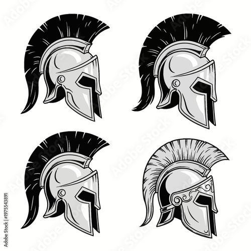 Vector illustration set of four ancient Spartan and Roman helmets with decorative plumes, featuring Corinthian style metal armor, side profiles, and gladiator headgear designs.