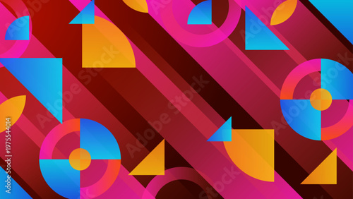 Warm reddish brown backdrop filled with colorful circles triangles and diagonal stripes for a dynamic look