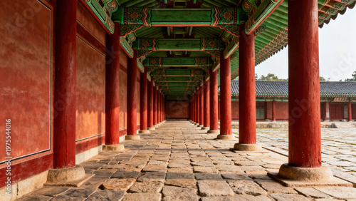 Chinese Cloister · Red Column and Green Tile Long Corridor