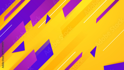 Vibrant yellow backdrop featuring purple and violet diagonal shapes with small floating triangles for a modern feel
