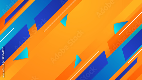 High energy composition featuring bold orange and blue diagonal bars with floating cyan triangles