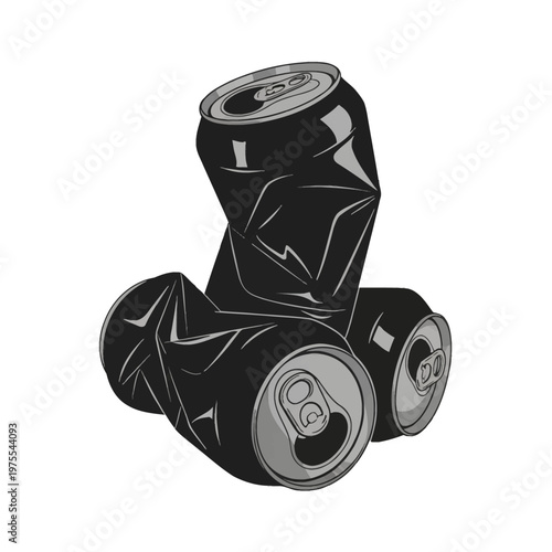 Vector illustration of three crushed black aluminum cans isolated on white background, featuring detailed graphic of smashed soda or beer containers with pull tabs for recycling.