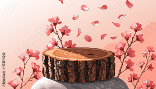 A vector graphic illustration of a tree stump with pink cherry blossoms and petals on a soft pink background