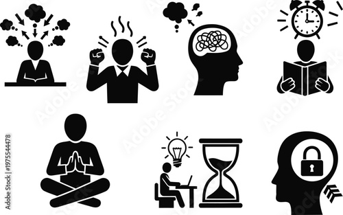 Mental Health and Cognitive Performance Icon Set for Corporate Wellness, Psychology Apps, Stress Management, and Educational Infographics