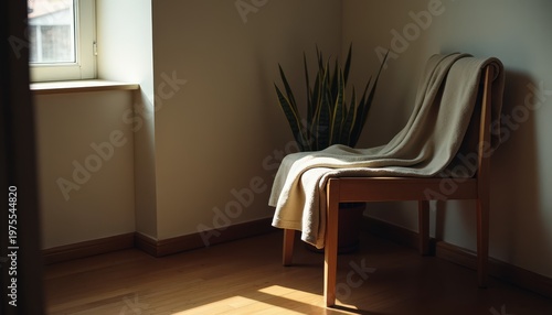 Cozy wooden chair draped with a textured cream blanket bathed in warm afternoon sunlight near a window with a potted