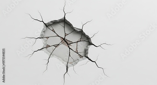 A cracked and damaged white wall with a large hole