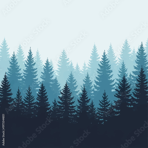 Vector illustration of a layered evergreen forest with silhouetted fir and spruce trees in shades of blue and white, depicting a misty winter landscape with atmospheric depth.