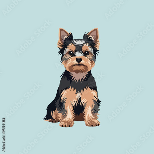 Vector illustration of a sitting Yorkshire Terrier dog with black and tan fur isolated on a light blue background, detailed canine portrait with pointy ears and expressive eyes.