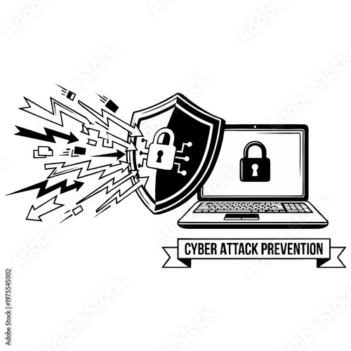 This black and white vector illustration features a shield and a laptop representing cybersecurity measures against incoming malicious digital threats