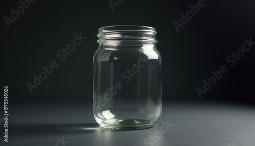 Empty Clear Glass Jar with Subtle Reflections and Highlights Against a Dark Textured Background with Soft Lighting