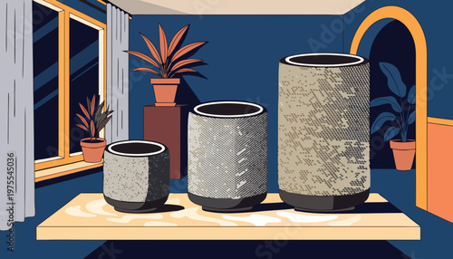 A vector graphic illustration of three smart speakers on a table in a modern living room with plants and a window