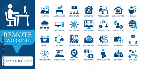 Remote Working and Digital Nomad Icons. Featuring home office, video conference, hybrid work, and freelancer lifestyle symbols. Professional blue vector icon set for web and apps