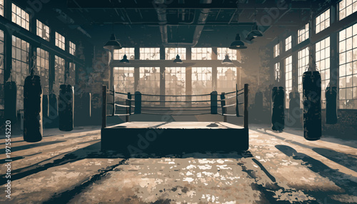 A dimly lit boxing gym with a ring and punching bags in a large industrial building