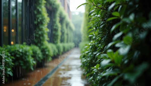 Greenery Lush Garden Pathway During Gentle Rainfall with Water Droplets Falling on Wet Pavement and Reflections