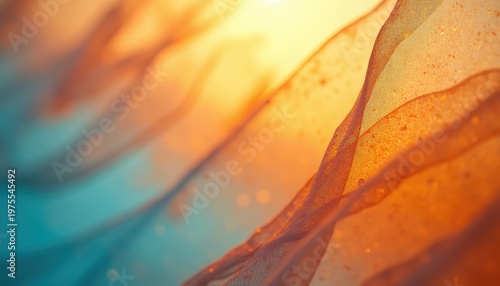Close Up Abstract Macro of Rippling Translucent Fabric Reflecting Warm Golden Sunlight Soft Focus Teal Background