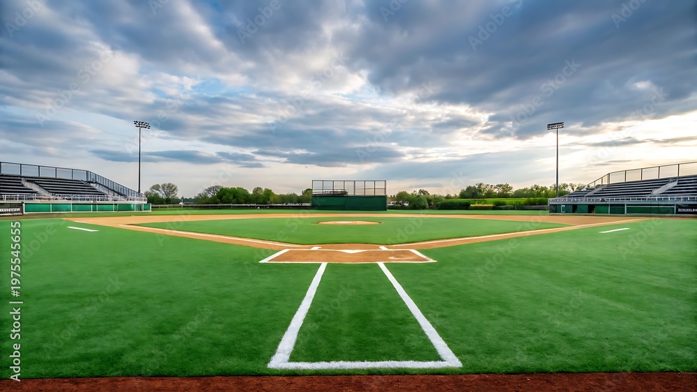 Fototapeta premium Empty baseball field with synthetic turf, stadium seating, and dramatic cloudy sky at dusk.