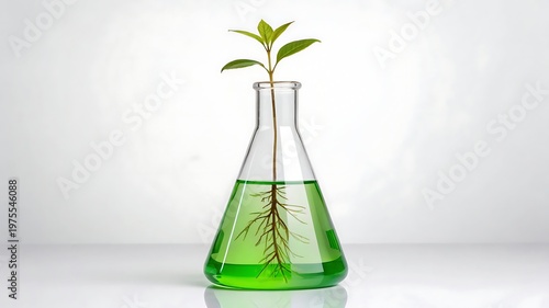 Small green sapling plant with visible roots growing in a clear conical flask filled with green liquid on a white background.
