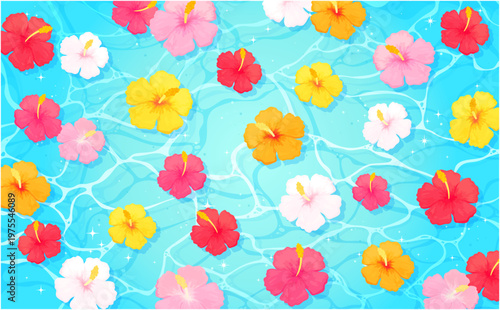 海とハイビスカスの背景_横