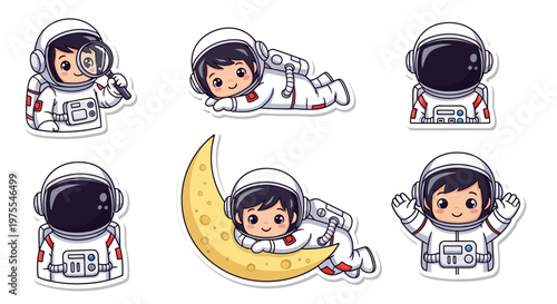 A whimsical vector illustration celebrates International Day of Human Space Flight with cartoon astronauts in spacesuits playfully exploring the universe, set against a clean white