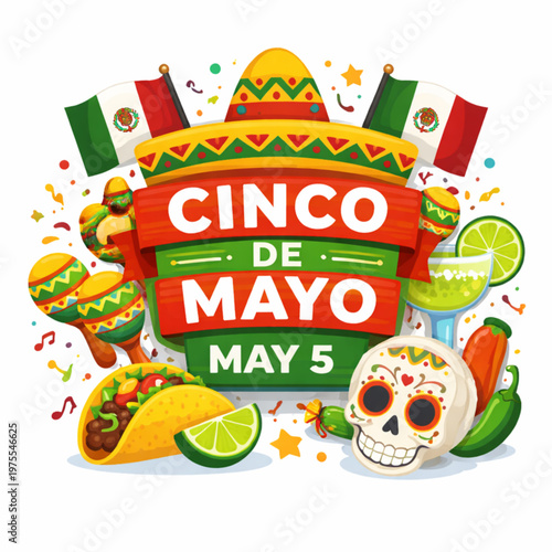 Cinco de Mayo Single Icon with Sombrero and Bold Typography Featuring May 5 Celebration Theme in Clean Colorful Flat Vector Style for Festive Design Use