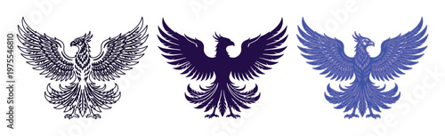 Set of 3 Phoenix Bird Vector Illustrations in Blue and Black