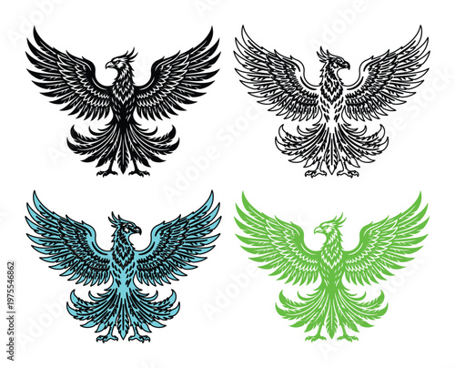 Set of 4 Stylized Phoenix Bird Vector Illustrations in Black, Grey, Blue, and Green