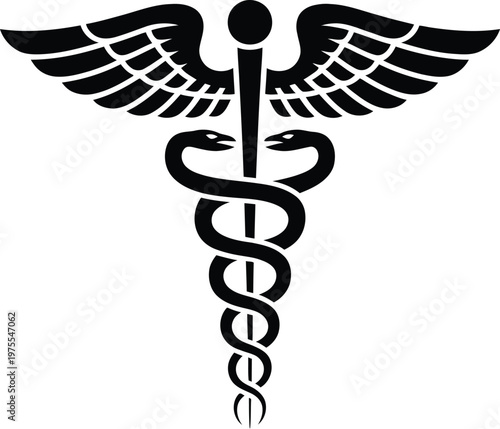 Medical caduceus symbol featuring a winged staff with two snakes entwined in black silhouette vector illustration isolated on white background.