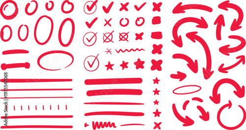 Red hand drawn doodle set featuring arrows circles underlines check marks and crosses vector illustration for correction and highlight notes.