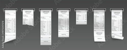 Realistic cash receipt out of slot, thermal bills