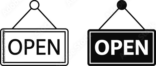 Open sign board icon set featuring hanging door plaque with minimalist black solid silhouette and outline vector illustration for business.