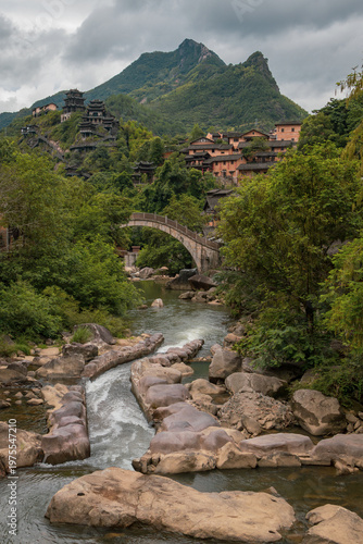 Mountain village along a rocky river gorge in Wangxian Valley, Shangrao, Jiangxi, China