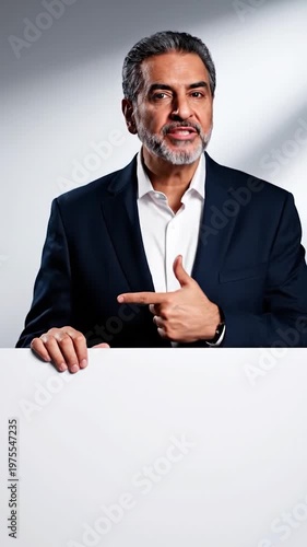 A mature professional man in a suit holds a blank white sign for advertising