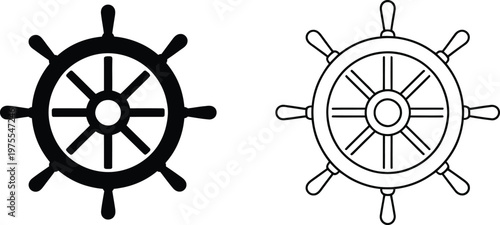 Ship wheel helm icon set with minimalist black solid silhouette and thin outline vector illustration for nautical maritime sea navigation.