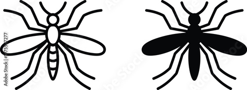 Mosquito insect icon set featuring minimalist black outline and solid silhouette vector illustration for pest control health and nature design.