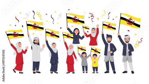 Illustration of a diverse group of people holding Zimbabwean flags in celebration with confetti on a white background.