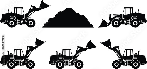 Front loader wheel loader silhouette vector set, heavy construction equipment icons, earthmoving machinery collection for mining, industrial building site vehicle silhouettes, excavation loader