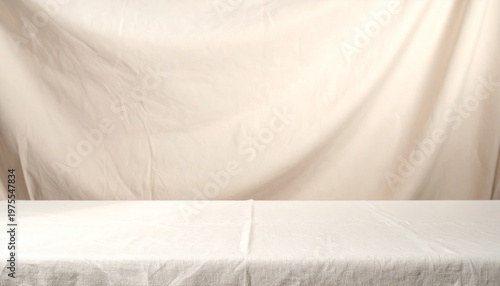 Studio backdrop and table with light beige fabric drape soft focus background