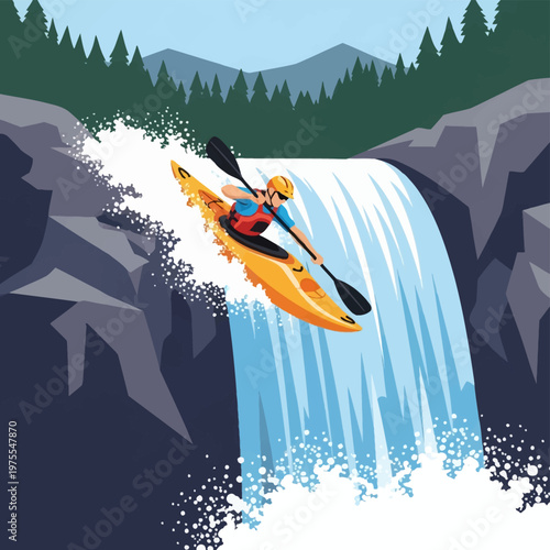 Vector illustration of a kayaker wearing a helmet and life vest paddling a yellow kayak down a steep waterfall with white water spray, rocky cliffs, and a pine forest background.