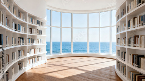 Curved Sea View Library · White Bookshelf Space