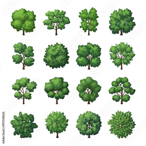 Collection of sixteen green deciduous tree illustrations with brown trunks and dense foliage in various shapes, isolated on a white background for landscape design or architectural rendering.