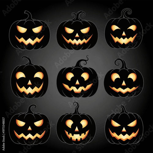 Set of nine stylized black Halloween jack-o'-lantern pumpkins with glowing orange carved faces, featuring various spooky expressions and curly stems on a dark gradient background.