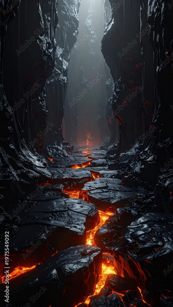 Fototapeta premium Dark Cavern Pathway with Glowing Lava River and Dramatic Light Tunnel