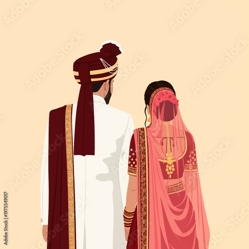 Rear view vector illustration of an Indian couple in traditional wedding attire; groom in white sherwani and maroon turban, bride in red lehenga with sheer pink veil and jewelry.