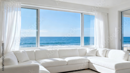 White Sheer Sea View Window · White Sofa Living Room