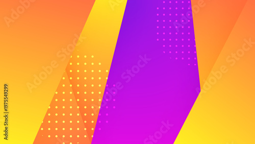 Abstract composition of overlapping warm shapes in orange yellow and purple with subtle halftone dot patterns for depth