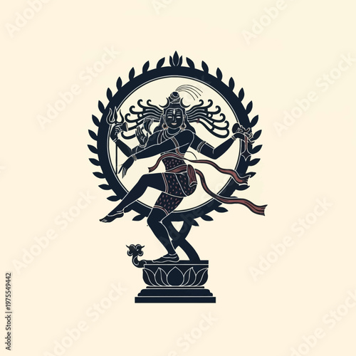 Detailed vector illustration of Hindu deity Lord Shiva as Nataraja performing the cosmic Tandava dance within a decorative circular frame, standing on a lotus pedestal base.
