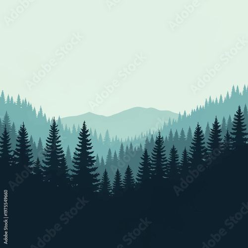 Silhouette of a coniferous pine forest with layered mountain ranges in the background, teal and light green atmospheric perspective showing tall fir trees in the wilderness.