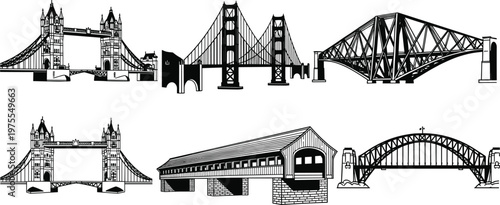 Famous world bridges silhouette set of including London Tower Bridge Sydney Harbour Bridge and Golden Gate Bridge icons for travel and tourism